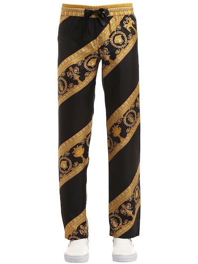 Versace I Heart Baroque Silk Pajama Pants In Black,gold