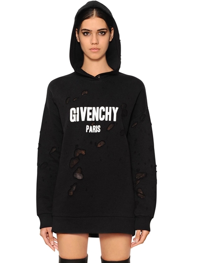 连帽破洞平纹卫衣