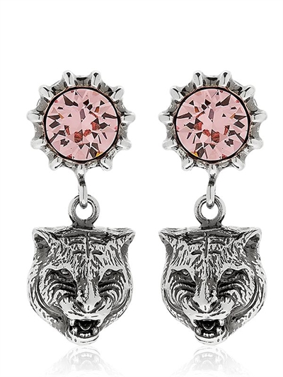 gucci - "angry cat"猫头&水晶耳环 - 粉色