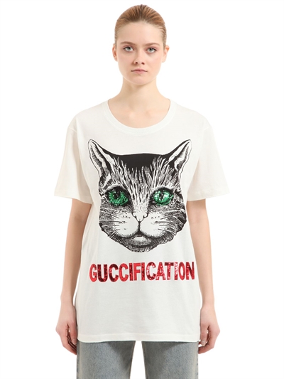gucci - 亮片猫咪印图平纹t恤 - 白色