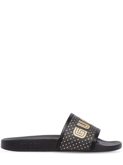GUCCI, Pursuit guccy stars rubber slide sandals, Black/gold ... GUCCI - PURSUIT GUCCY STARS RUBBER SLIDE SANDALS