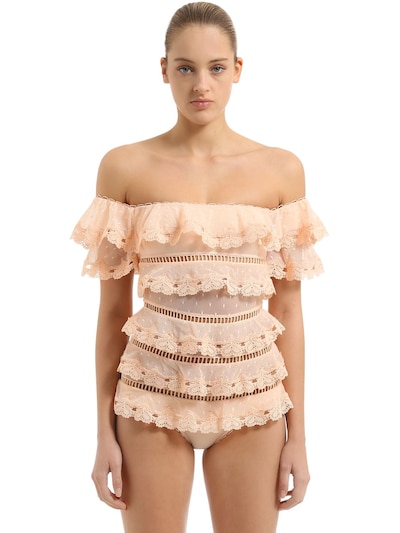 Peach Lace Eyelet Swimsuit One Piece