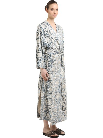 Versace Bavelet Long Satin Robe In Blue,grey