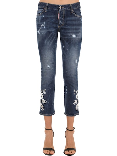MIRROR EMBELLISHED COTTON DENIM JEANS by DSQUARED2, available on luisaviaroma.com for $654 Gwen Stefani Pants Exact Product 