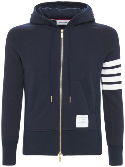Thom Browne - Zip-up stripes cotton sweatshirt hoodie - Navy | Luisaviaroma