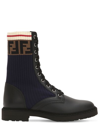Fendi 20mm Leather & Knit Combat Boots In Black/navy