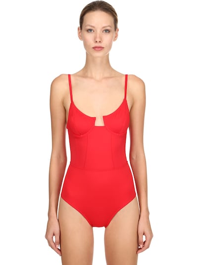 solid red one piece swimsuit