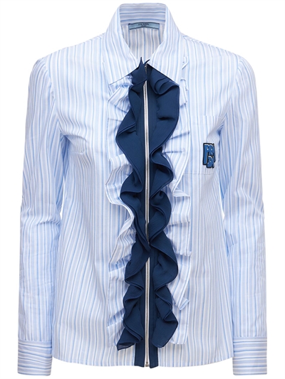Ruffled zip-up striped cotton shirt 