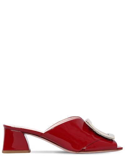 red patent leather mules