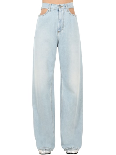 Maison Margiela Cutout Cotton Denim Wide Leg Jeans Light Blue Luisaviaroma