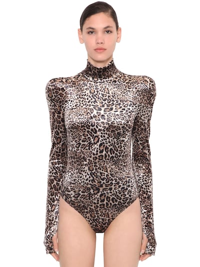 Annakiki Leopard Print Velvet Turtleneck Bodysuit
