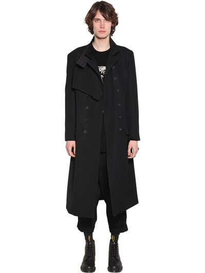 Yohji Yamamoto Long Wool & Cotton Gabardine Coat In Black