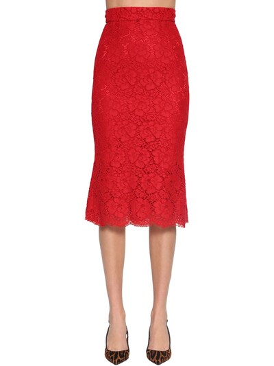 Dolce & Gabbana Lace Midi Flared Skirt In Red