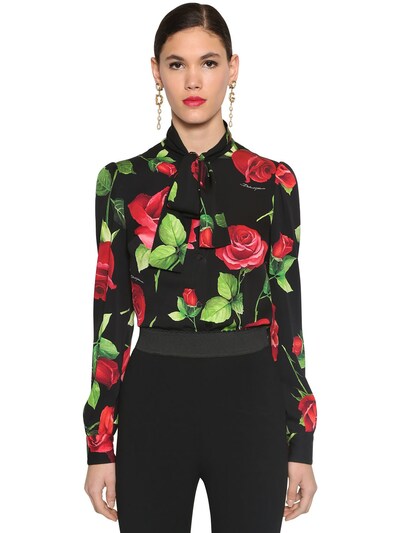 DOLCE & GABBANA PRINTED BOW TIE CHARMEUSE BLOUSE,70I01Z049-SE4WMUE1