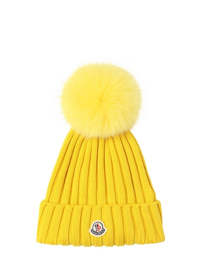 Moncler Berretto Knit Hat W/ Fur Pompom In Yellow