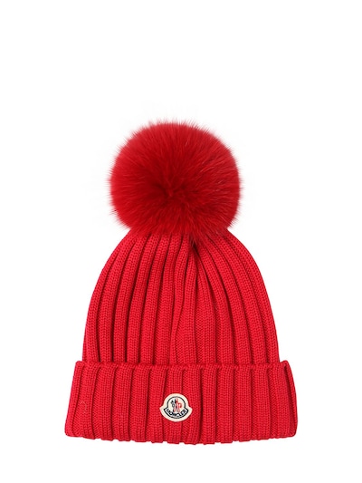 Moncler Wool Knit Hat W/ Fur Pompom In Red