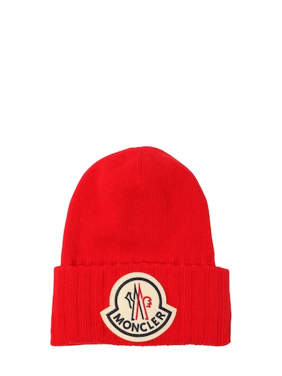 Moncler Logo Wool Tricot Knit Hat In Red
