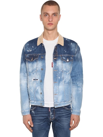 Dsquared2 Cotton Denim Jacket W/ Check Lining In Blue