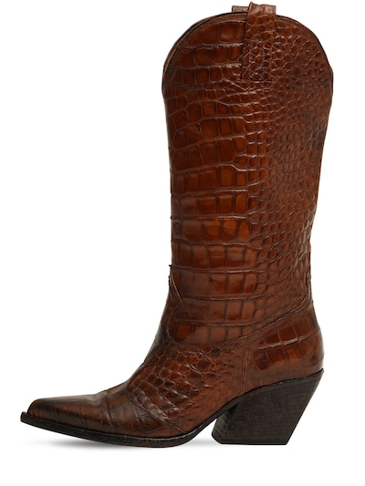 Elena Iachi 70mm Croc Embossed Leather Boots In Brown