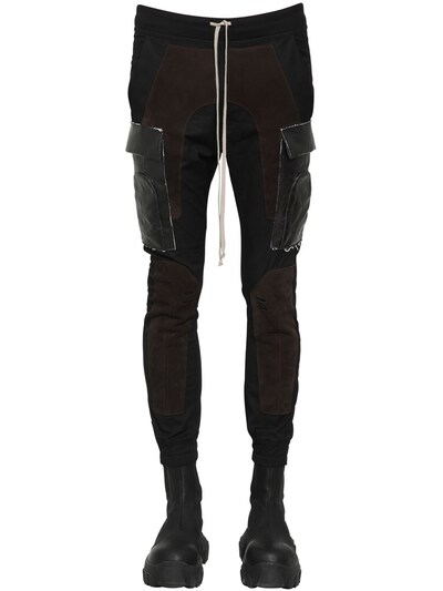 Rick Owens Cotton Cargo Joggers W/ Suede Details In Black,brown