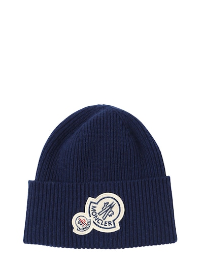 Moncler Wool & Cashmere Beanie W/ Double Patch In Navy