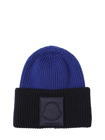 Moncler Wool Beanie W/patch In Blue,navy