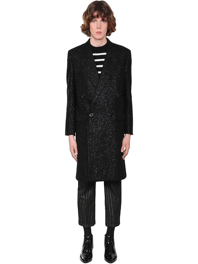 Saint Laurent Double Breasted Lurex Wool Tweed Coat In Black