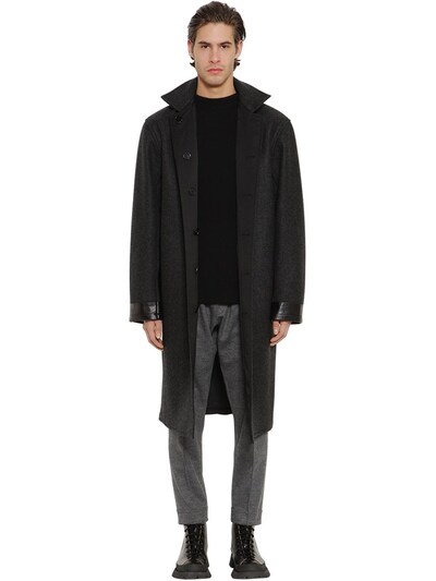 Jil Sander Reversible Wool Raincoat W/leather Patch In Dark Grey,black
