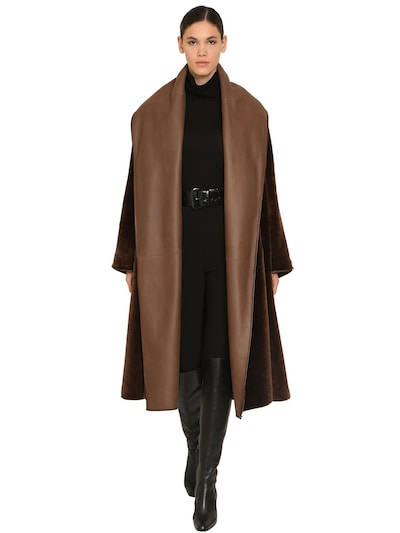 Max Mara Long Reversible Shearling Coat In Dark Brown