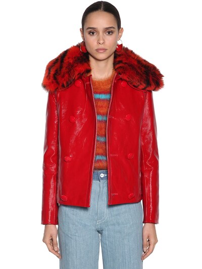 Marni Patent Leather Jacket W/fur Collar In Red