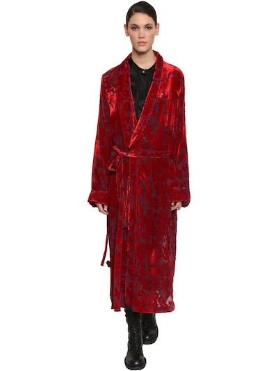 Ann Demeulemeester Long Belted Velvet Jacquard Coat In Red