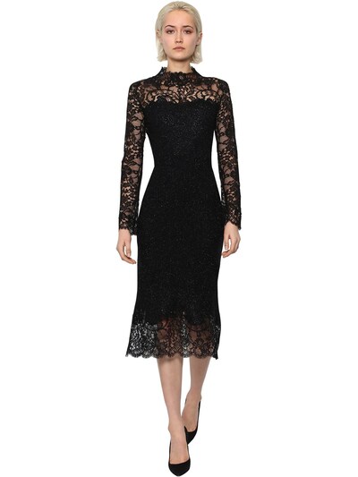 Ermanno Scervino Long Sleeve Wool Blend Lurex Midi Dress In Black