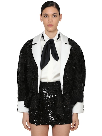 Alexandre Vauthier Cropped Sequined Velvet Jacket In Black