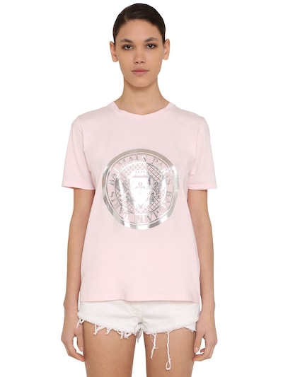 Balmain Metallic Logo Coin Print Jersey T-shirt In Pink,silver