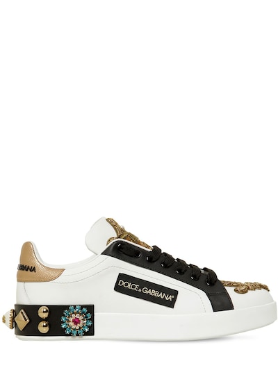 Dolce & Gabbana 20mm Portofino Beaded Leather Sneakers In White,gold
