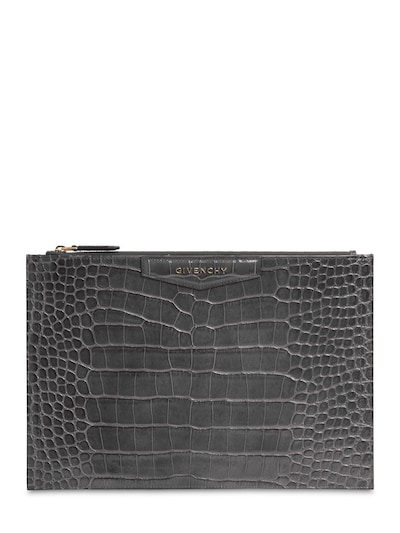 Givenchy Croc Embossed Leather Pouch In Storm Grey