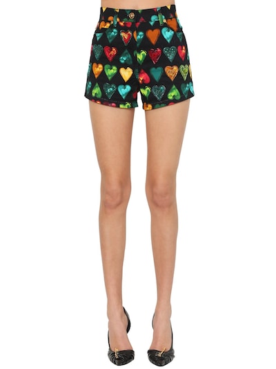 Versace Printed & Embellished Denim Shorts In Multicolor