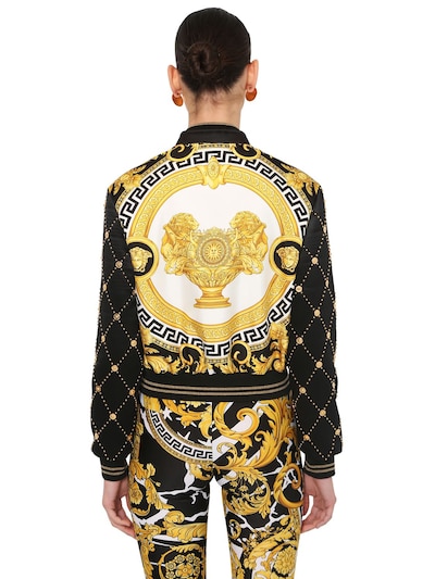 Versace Printed Faux Leather & Satin Bomber In Black,gold