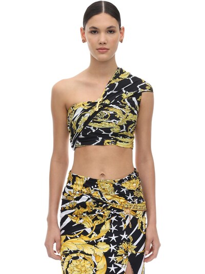 Versace Draped & Printed Stretch Jersey Crop Top In Black,gold