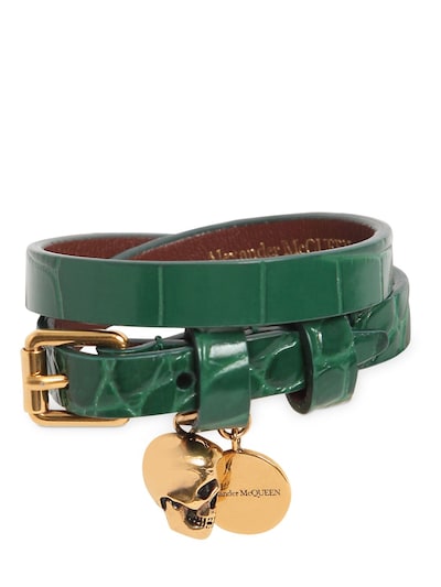 Alexander Mcqueen Double Croc Embossed Leather Bracelet In Emerald