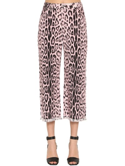 Roberto Cavalli Cropped Leopard Print Cotton Denim Jeans In Pink Leopard
