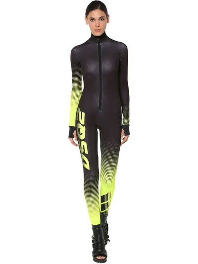 Dsquared2 Printed Stretch Techno Jersey Jumpsuit In Black,yellow