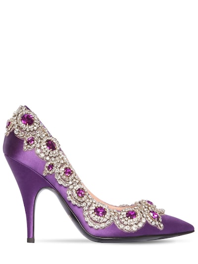 Moschino 100mm Embellished Satin Pumps In Purple