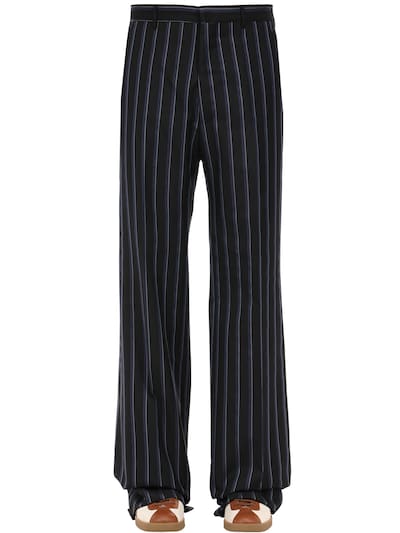 Lanvin Striped Loose Wool Blend Trousers In Navy