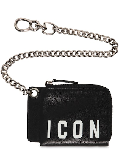 Dsquared2 Icon Print Leather Wallet W/ Chain In Black,white