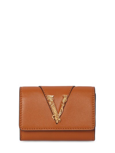 Versace Smooth Leather Coin Case Wallet In Caramel