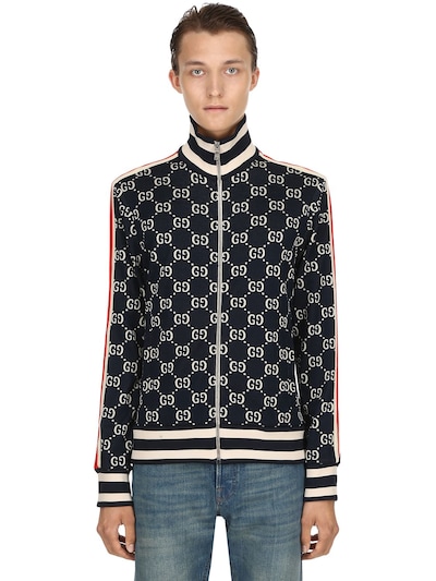 Shop Gucci Gg Supreme Jacquard Zip-up Track Jacket In Blue,white