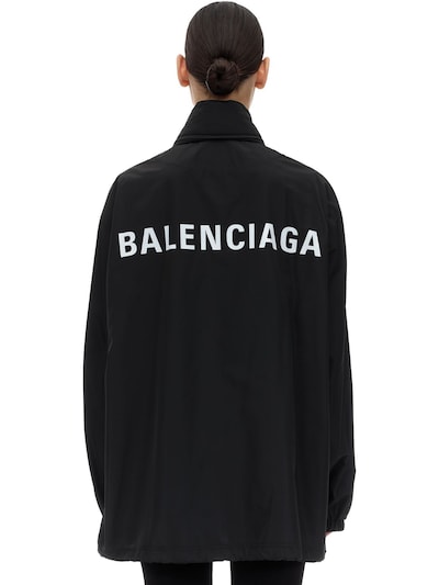 Balenciaga Back Logo Hooded Nylon Windbreaker In Black