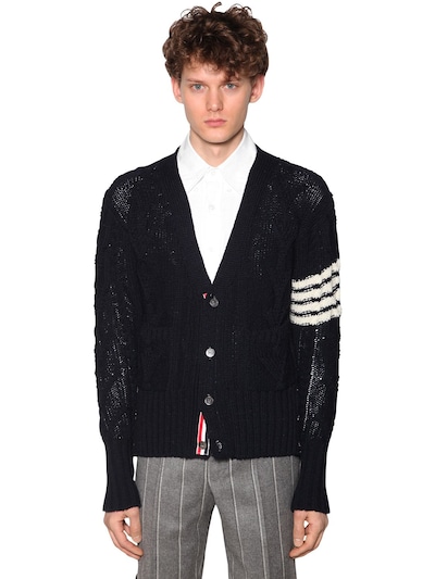 Thom Browne Mohair & Wool Cable Knit Cardigan In Navy