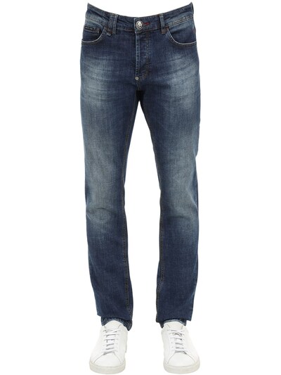 Philipp Plein Straight Washed Cotton Denim Jeans In Blue